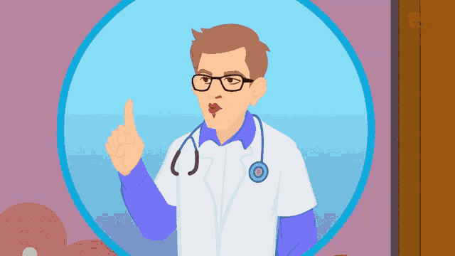 a doctor with a stethoscope around his neck points up
