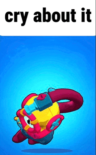 a cartoon character is floating in the air on a blue background with the words `` cry about it '' .