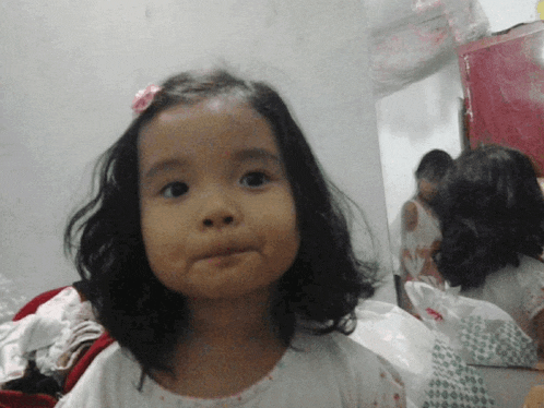 a little girl with a pink flower in her hair