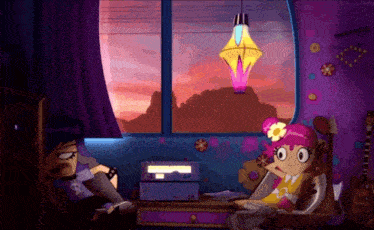 a cartoon character is sitting in front of a window