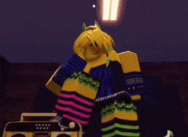 a cartoon character is standing in front of a boombox .