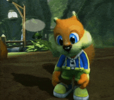 a cartoon squirrel with a blue shirt and green shorts