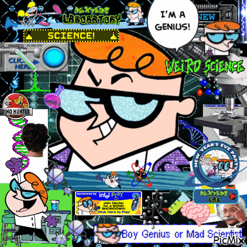 a collage of dexter 's laboratory cartoon characters with the caption i 'm a genius