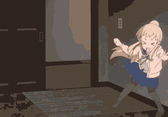 a cartoon girl in a pink jacket and blue skirt is jumping in the air