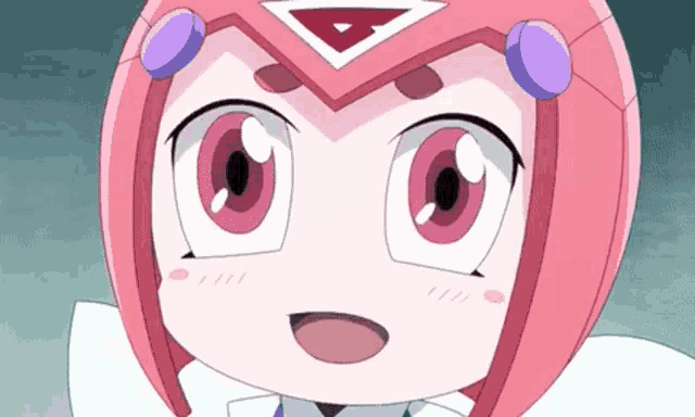 a close up of a cartoon character with a triangle on her head