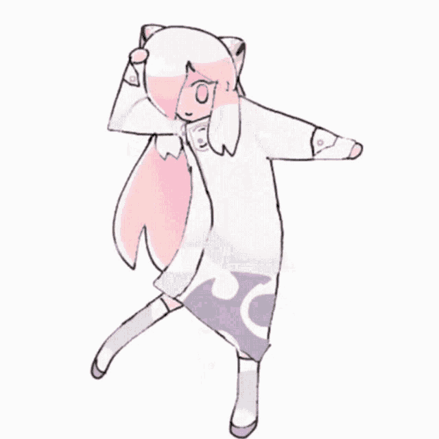 a drawing of a girl with pink hair wearing a white coat and purple skirt