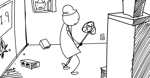 a black and white drawing of a man with a mop