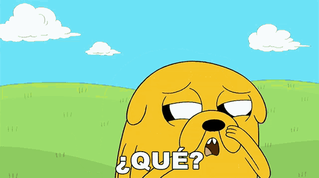 a cartoon dog scratches his head and says " qué " in white letters