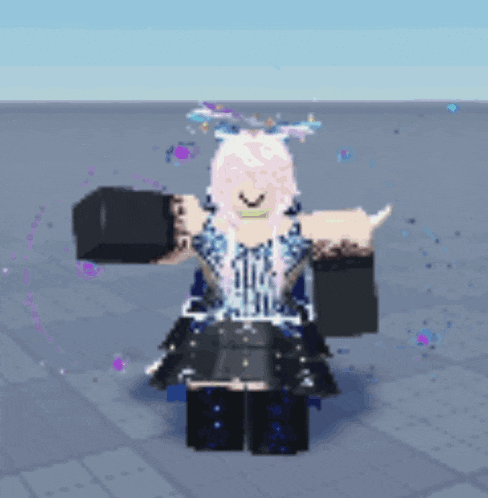 a girl with white hair and a halo on her head is standing on a brick floor .