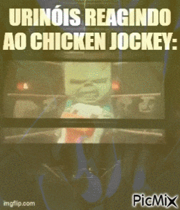 a picture of a chicken jockey with the words urinais reagindo ao chicken jockey