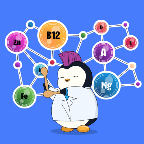 a penguin in a lab coat is holding a spoon in front of a diagram of vitamins
