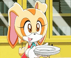 cream the rabbit is holding a stack of plates in her hands .