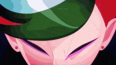 a close up of a cartoon character 's face with a green hat