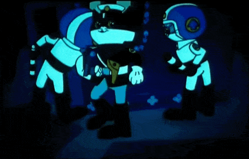 a group of cartoon characters wearing blue helmets and gloves are standing next to each other .