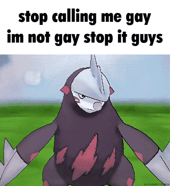 a picture of a pokemon with the words stop calling me gay im not gay stop it guys