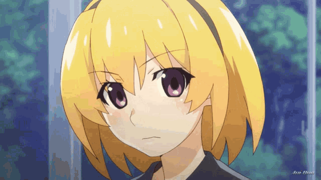 a close up of a yellow haired anime girl with a black shirt
