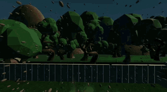 a computer generated image of a house with a fence and trees