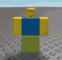 a roblox character is standing on a gray surface with a smiley face .