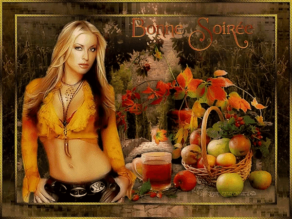 a picture of a woman with a basket of apples and the words " bonne soiree " on the bottom