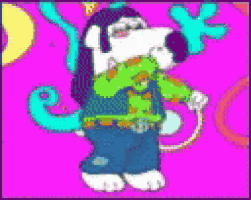 a cartoon dog with a green shirt and jeans