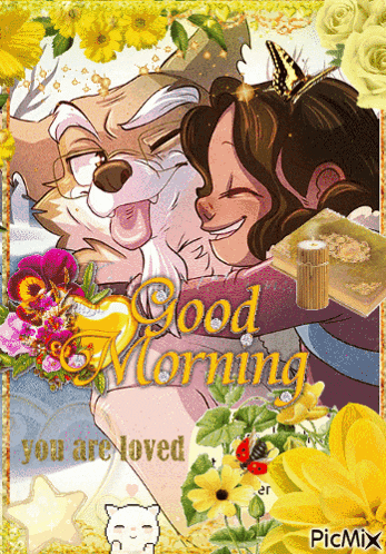 a picture of a woman hugging a dog with the words good morning you are loved