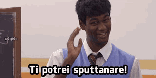 a man in a blue vest and tie says " ti potrei sputtanar "