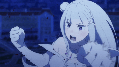 a girl with white hair and purple eyes has a fist up in the air