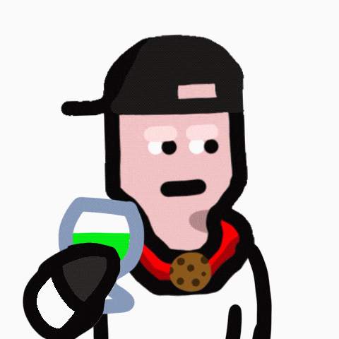 a cartoon of a man wearing a hat and holding a drink and a cookie