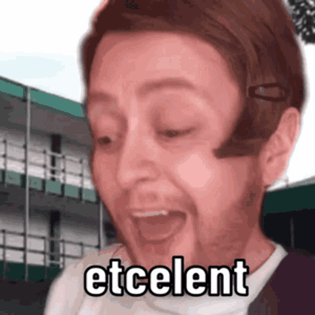 a woman with a beard is making a funny face with her mouth open and the word excellent on her face .