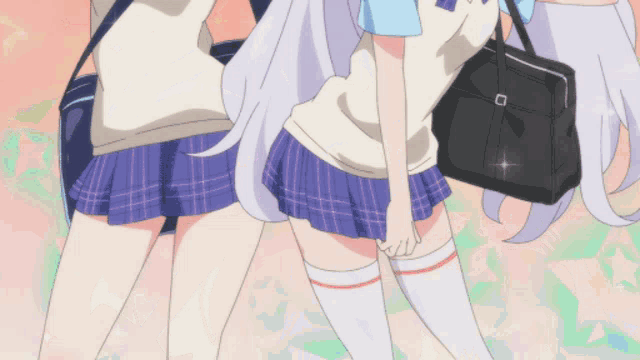 two anime girls are standing next to each other with a black bag