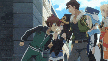 a group of anime characters are standing in front of a brick building