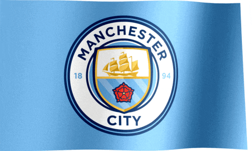 a blue flag with a manchester city crest on it