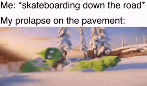 a cartoon character is riding a skateboard down a road .