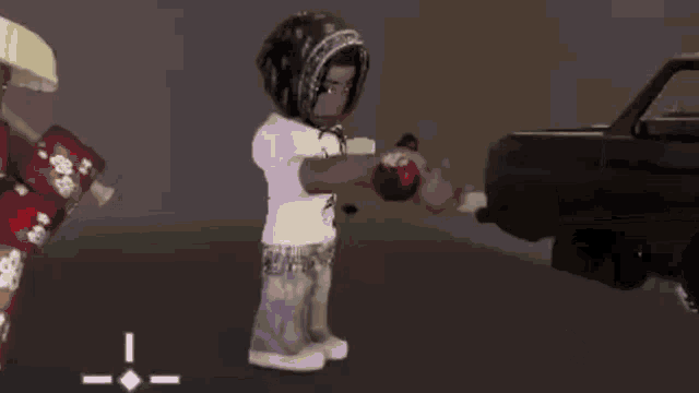 a video game character standing next to a car with the word ofiv on the bottom left