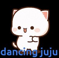 a cute cartoon cat is dancing with the words dancing juju written below it .