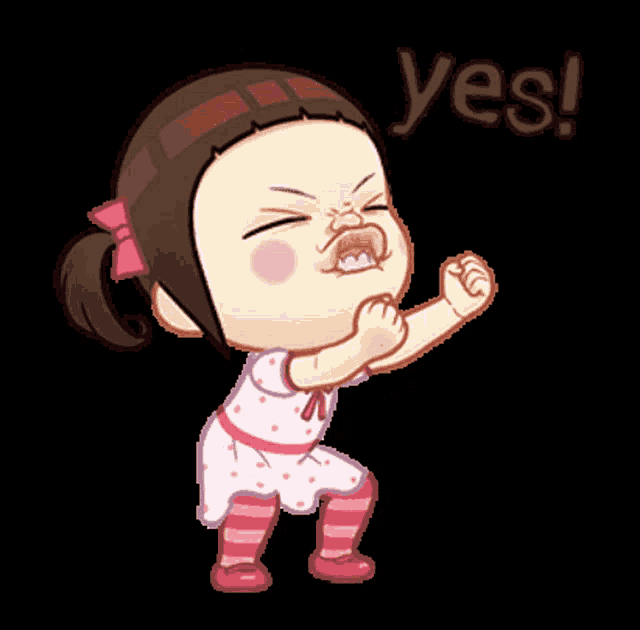 a cartoon of a girl saying yes with her fist up