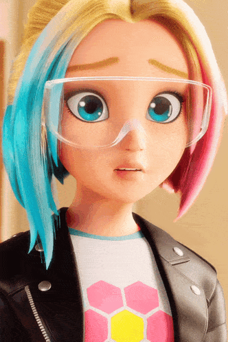 a close up of a cartoon girl wearing goggles