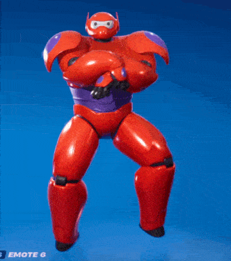 a red robot with purple arms is dancing on a blue surface
