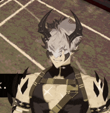 a cartoon character with horns and a white mask on his face