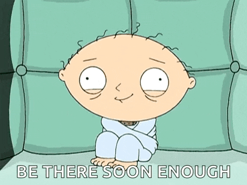 a cartoon character is sitting on a couch with the words " be there soon enough " above him