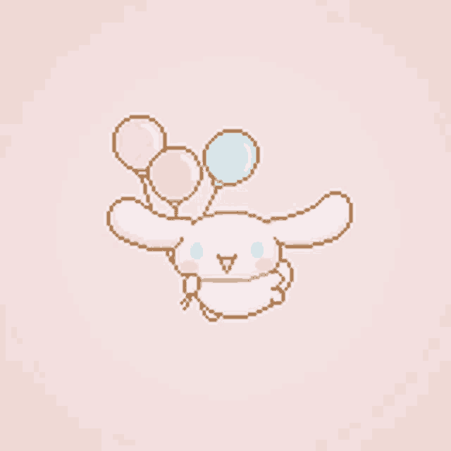 a pixel art drawing of a bunny holding balloons