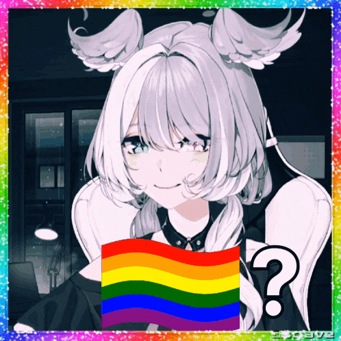 a picture of a girl with a rainbow flag behind her