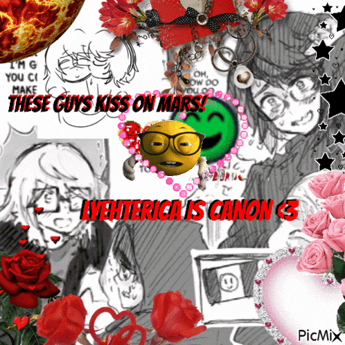 a collage of images with the words these guys kiss on mars in red