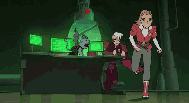 a cartoon character is running in a dark room with a monster behind her
