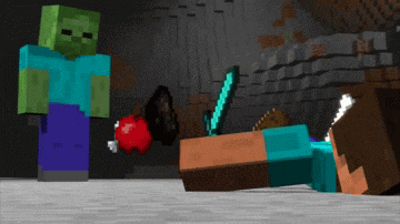 a cartoon of a zombie standing next to a minecraft character laying on the ground