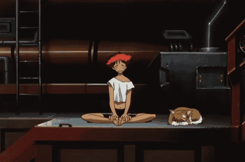 a cartoon character is sitting on the floor with his mouth open and a cat laying next to him
