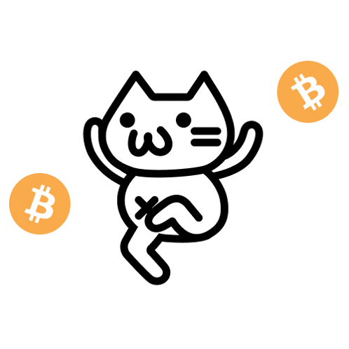 a black and white drawing of a cat with a smiley face and two coins with the letter b on them