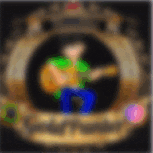 a blurry picture of a man playing a guitar in a gold circle