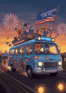 a blue bus with a megaboost for all banner on top