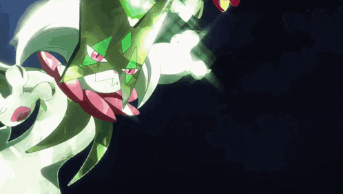 a cartoon drawing of a green and white monster with red eyes and sharp teeth .